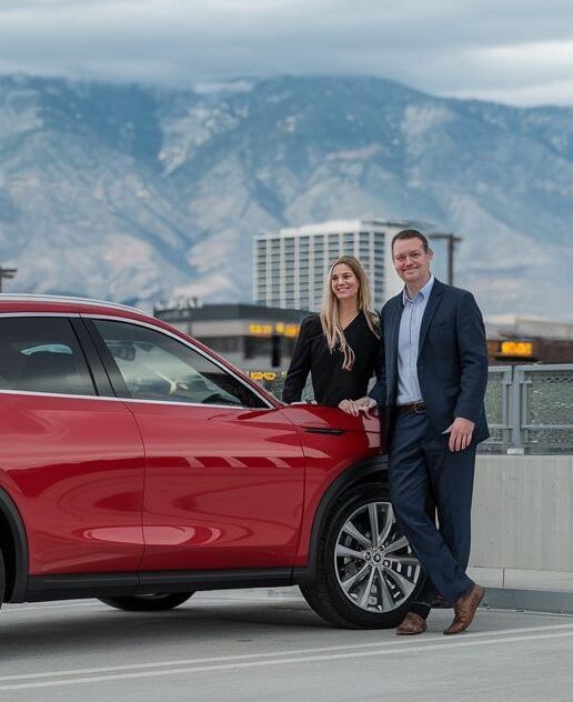 red-2024-infiniti in Salt Lake City customers standing near with a review for Higgins Body and Paint infiniti certified repair completed with customers