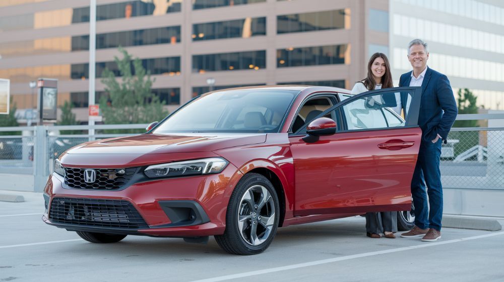 Red 2024 Honda Civic with Customers at Higgins Paint and Body