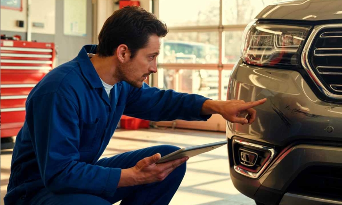 Paintless Dent Repair estimator looking at front end of car