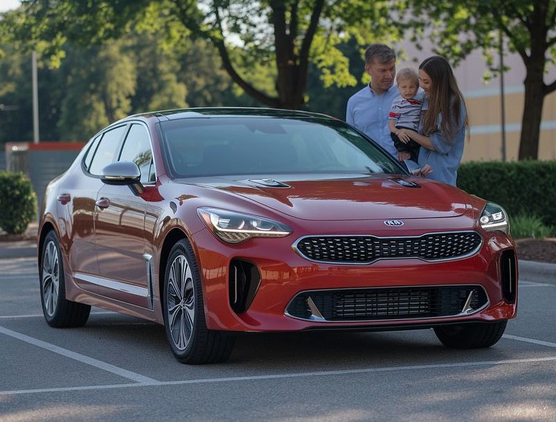 Red kia sedan with family standing next to it - auto glass repair - higgins body and paint