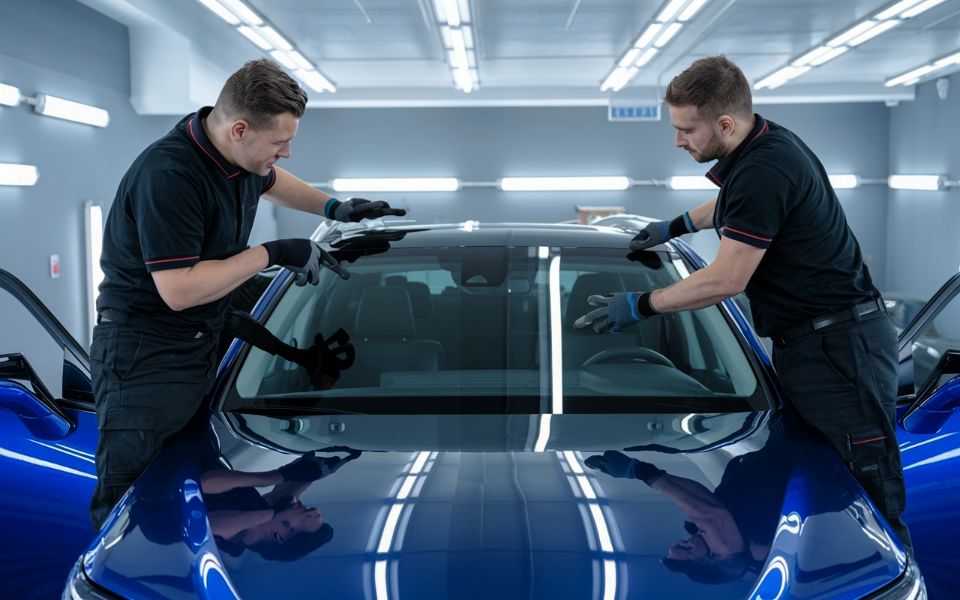 Two technicians replacing windshield on blue vehicle - auto glass repair - higgins body and paint